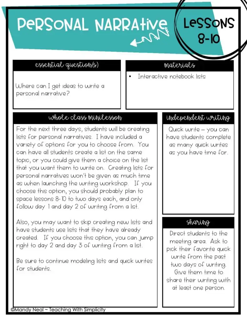 Personal Narrative Lessons 8-10