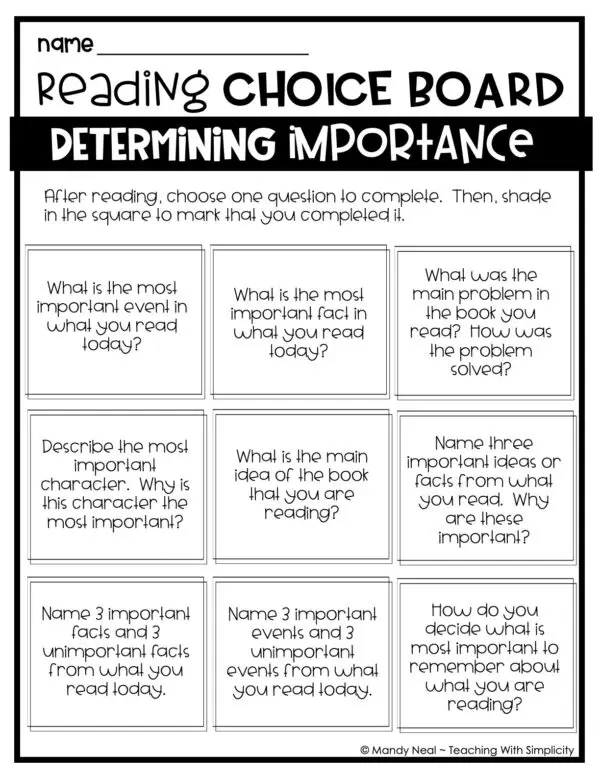 Determine Important Information Choice Board