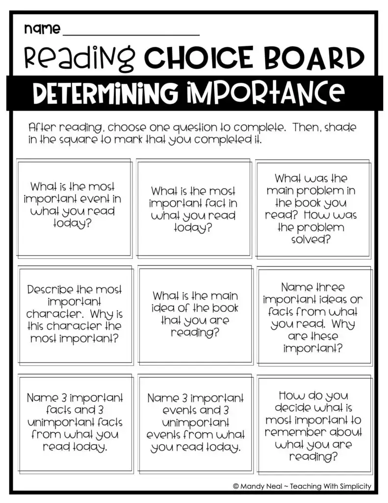 Determine Important Information Choice Board