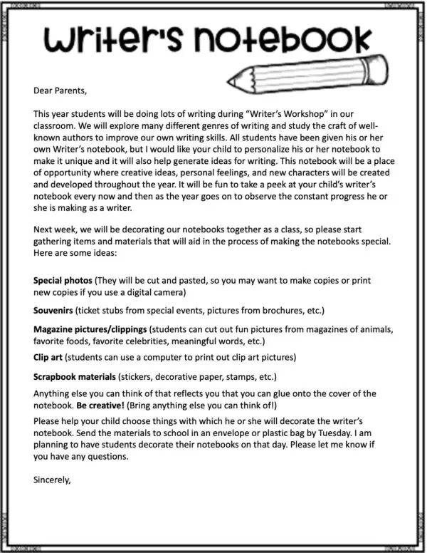 Editable Writer's Notebook Letter