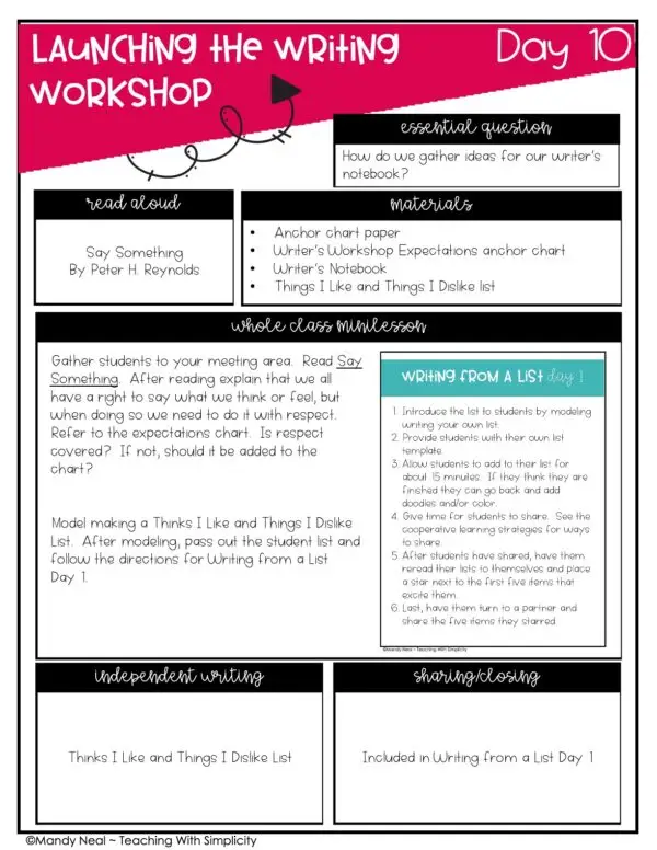 Launching Writing Workshop Lesson 10