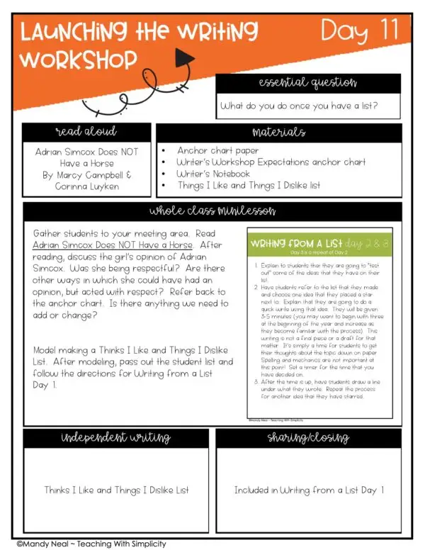 Launching Writing Workshop Lesson 11