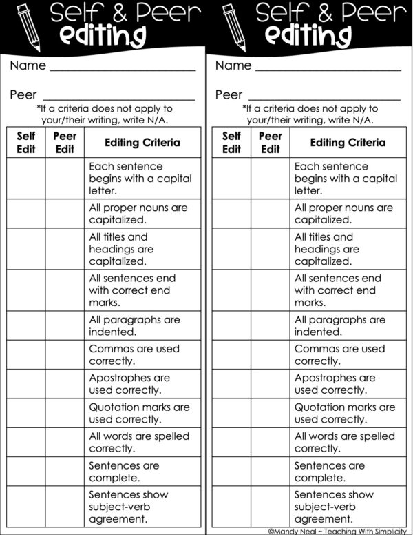 Personal Narrative Self and Peer Editing Checklist