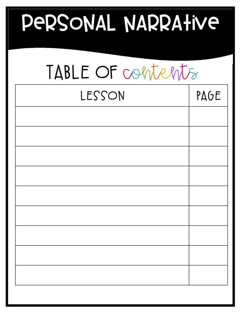 Personal Narrative Table of Contents