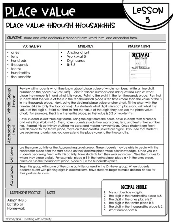 5th Grade Place Value - Place Value Through Thousandths Lesson 5