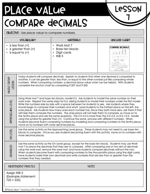 5th Grade Place Value - Compare Decimals Lesson 7