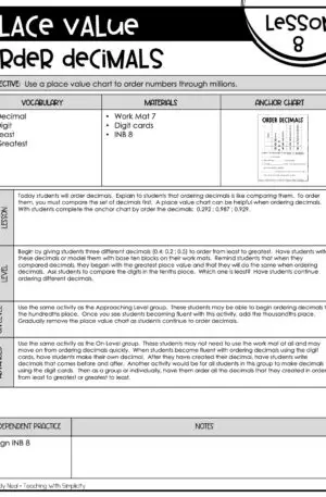 5th Grade Place Value - Order Decimals Lesson 8