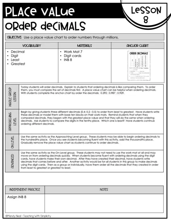 5th Grade Place Value - Order Decimals Lesson 8