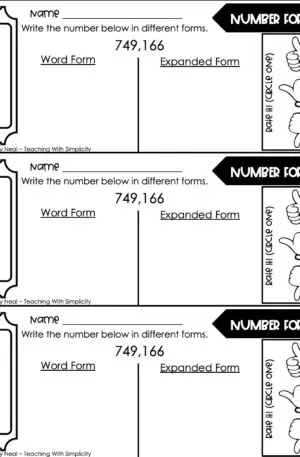 4th Grade Place Value Read and Write Whole Numbers Exit Ticket 1