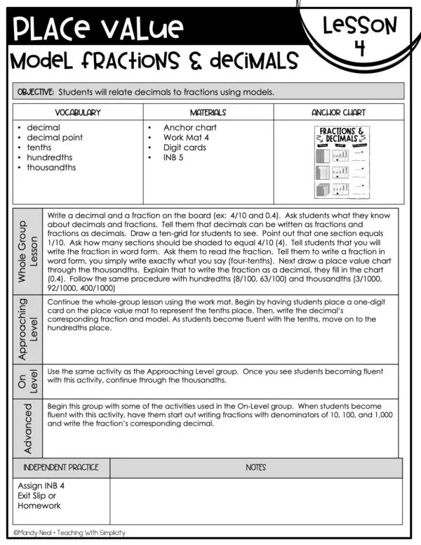 5th Grade Place Value - Model Fractions and Decimals Lesson 4