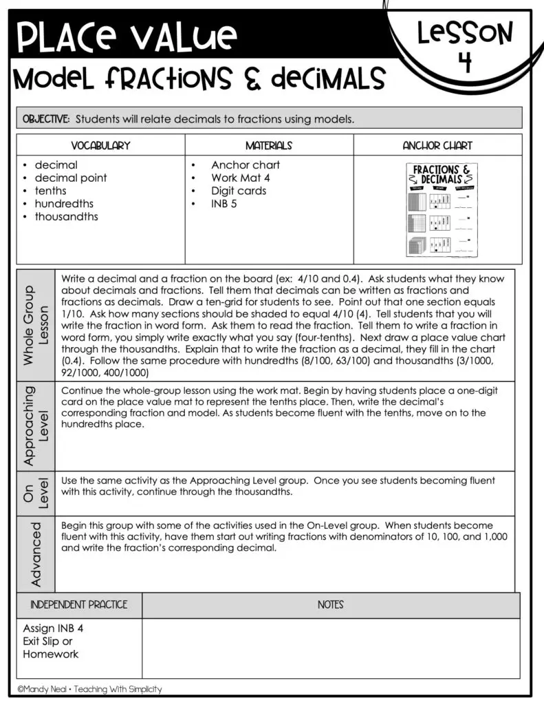 5th Grade Place Value - Model Fractions and Decimals Lesson 4