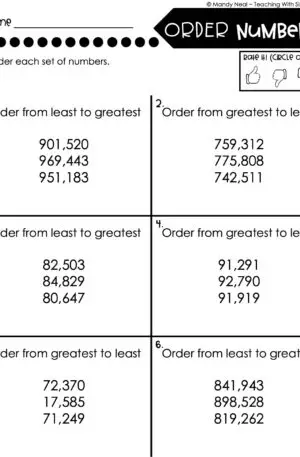 4th Grade Place Value - Order Numbers Homework 2