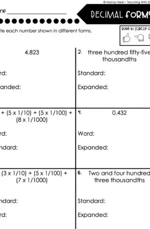 5th Grade Place Value - Read and Write Decimals Homework 1