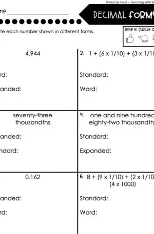 5th Grade Place Value - Read and Write Decimals Homework 2