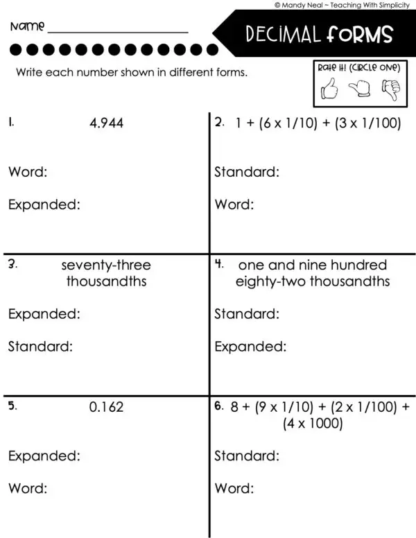 5th Grade Place Value - Read and Write Decimals Homework 2