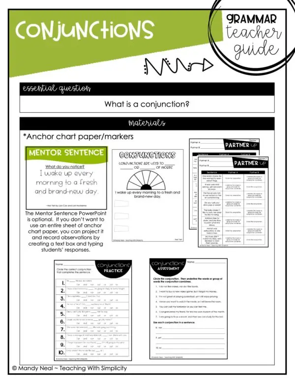 4th and 5th grade Conjunctions Teacher Guide