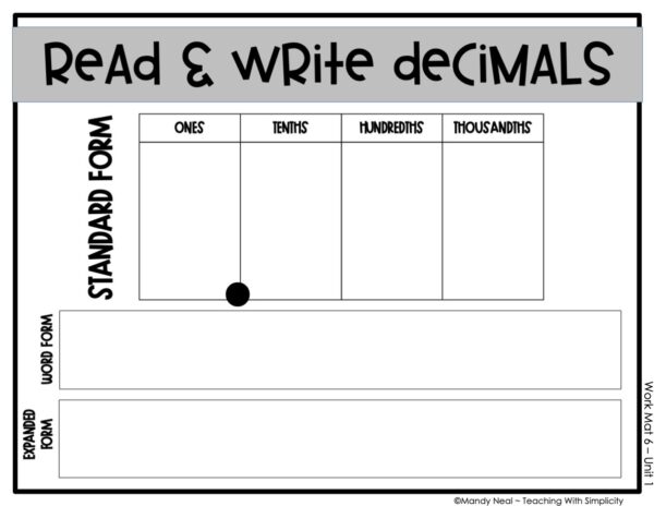 5th Grade Place Value - Read and Write Decimals Math Mat