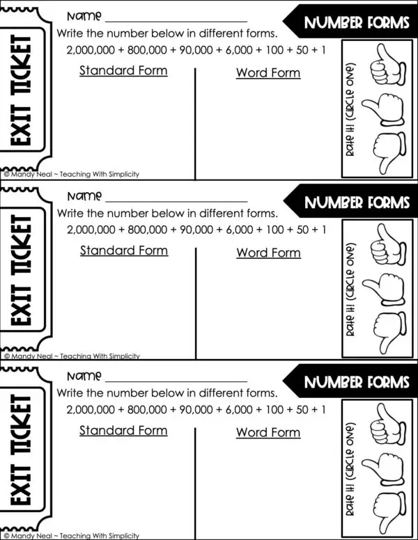 4th Grade Place Value Read and Write Whole Numbers Exit Ticket 3