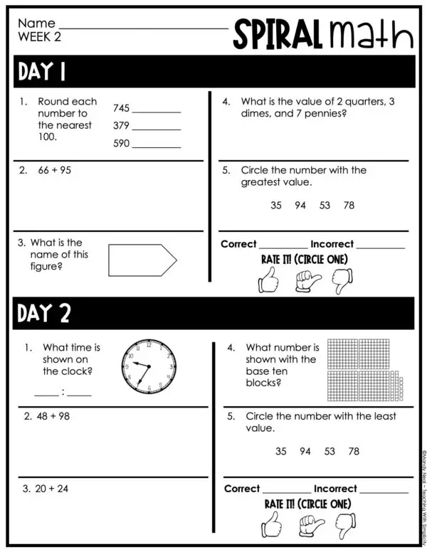 3rd Grade 1st Quarter Spiral Math – Week 2 (Printable)