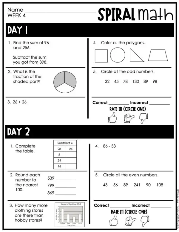 3rd Grade 1st Quarter Spiral Math – Week 4 (Printable)