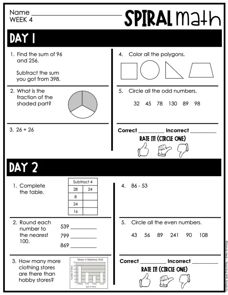 3rd Grade 1st Quarter Spiral Math – Week 4 (Printable)