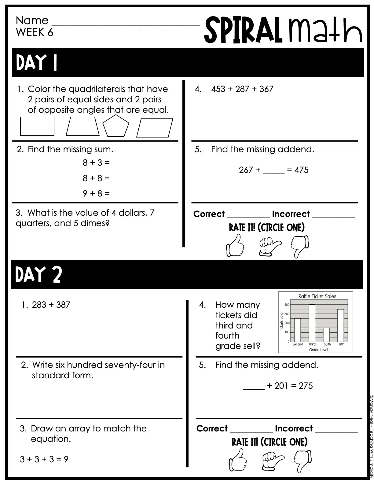 3rd Grade 1st Quarter Spiral Math – Week 6 (Printable)