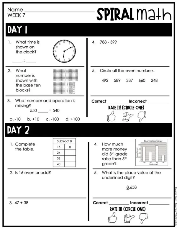 3rd Grade 1st Quarter Spiral Math – Week 7 (Editable)