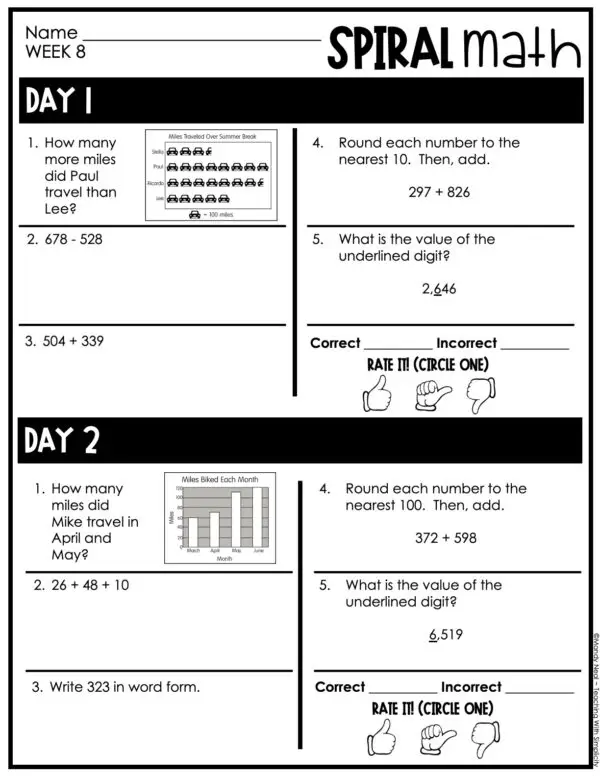 3rd Grade 1st Quarter Spiral Math – Week 8 (Editable)