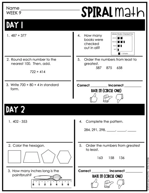 3rd Grade 1st Quarter Spiral Math – Week 9 (Editable)