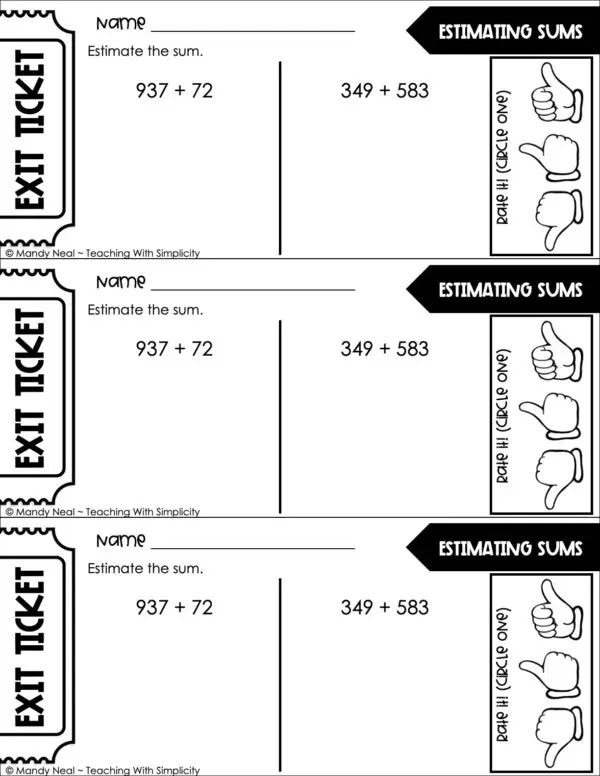 3rd Grade Addition - Estimating Sums Exit Ticket 1