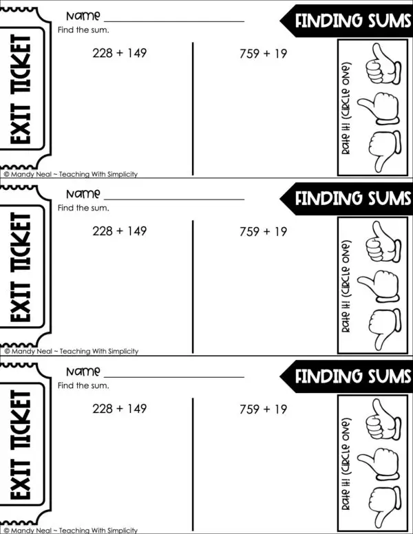 3rd Grade Addition - Finding Sums Exit Ticket 1