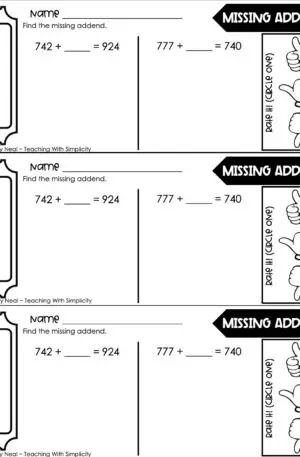 3rd Grade Addition - Missing Addend Exit Ticket 1