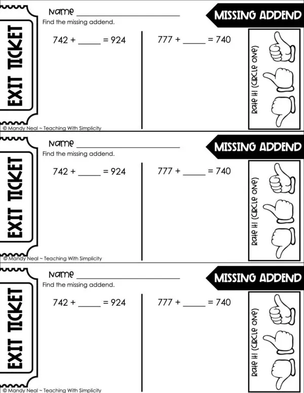 3rd Grade Addition - Missing Addend Exit Ticket 1