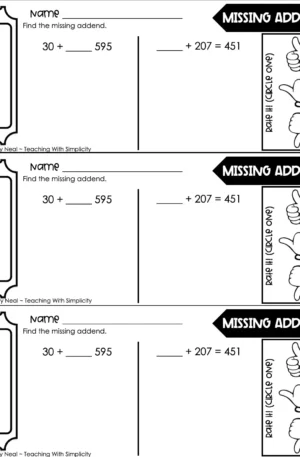 3rd Grade Addition - Missing Addend Exit Ticket 3