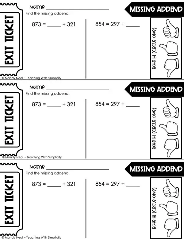 3rd Grade Addition - Missing Addend Exit Ticket 4