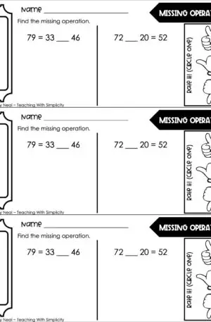 3rd Grade Addition and Subtraction - Missing Operation Exit Ticket 1