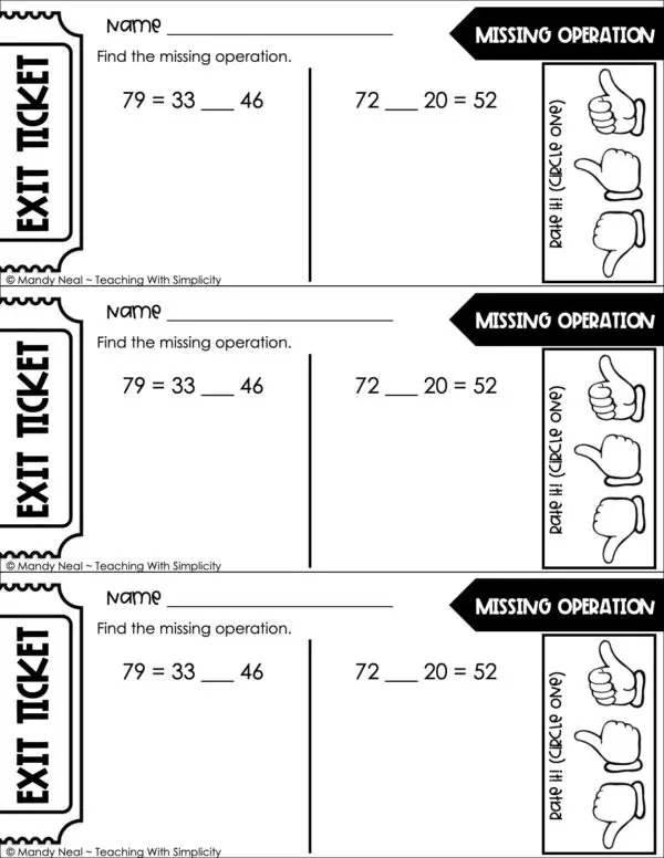 3rd Grade Addition and Subtraction - Missing Operation Exit Ticket 1