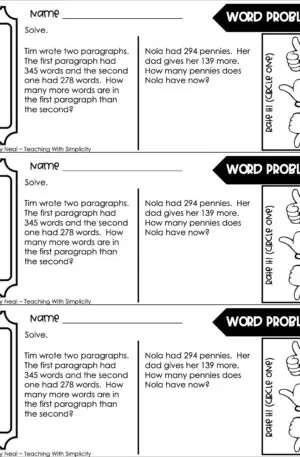 3rd Grade Addition and Subtraction - Word Problems Exit Ticket 1