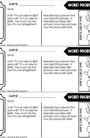 3rd Grade Addition and Subtraction - Word Problems Exit Ticket 2