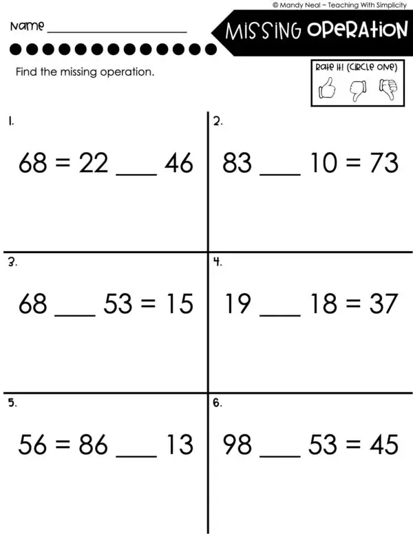 3rd Grade Addition and Subtraction Worksheet - Missing Operations 1