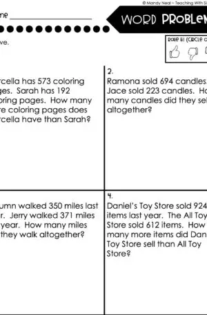 3rd Grade Addition and Subtraction Worksheet - Word Problems 1