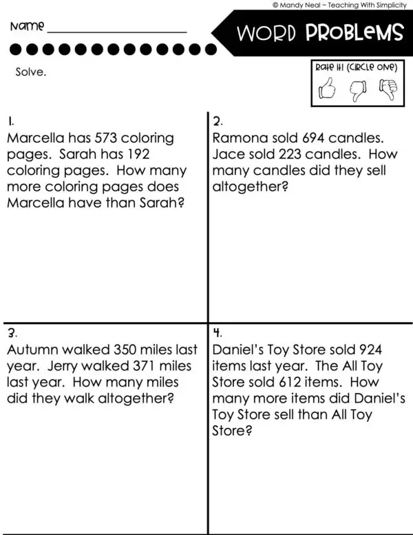 3rd Grade Addition and Subtraction Worksheet - Word Problems 1