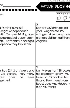 3rd Grade Addition and Subtraction Worksheet - Word Problems 2