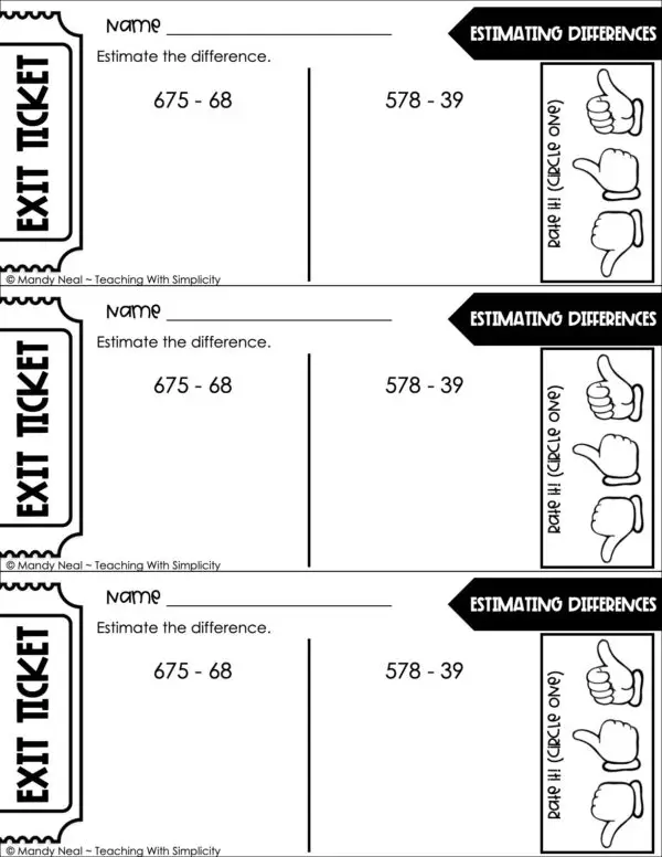 3rd Grade Subtraction - Estimating Differences Exit Ticket 2