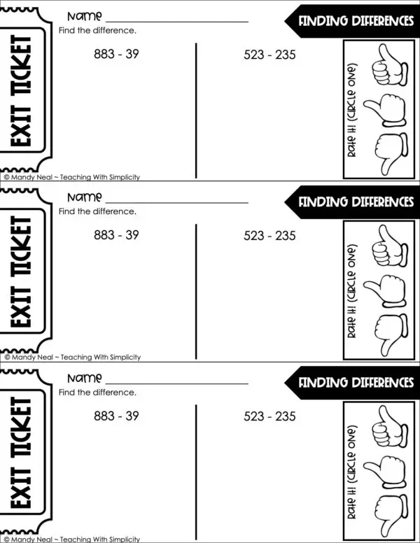 3rd Grade Subtraction - Finding Differences Exit Ticket 1