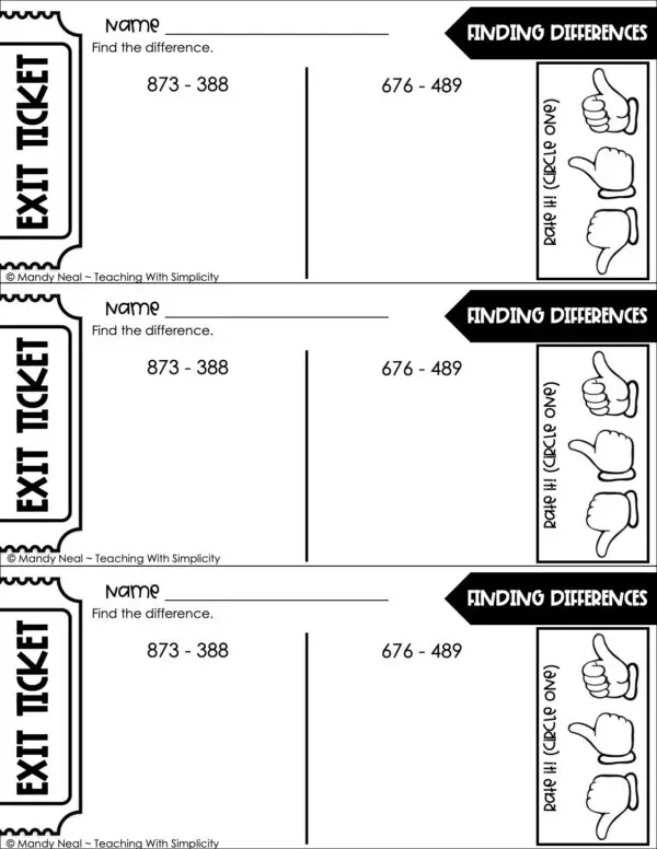 3rd Grade Subtraction - Finding Differences Exit Ticket 2