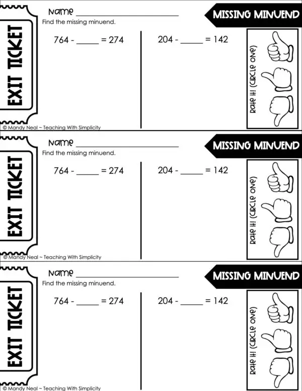 3rd Grade Subtraction - Missing Minuend Exit Ticket 1