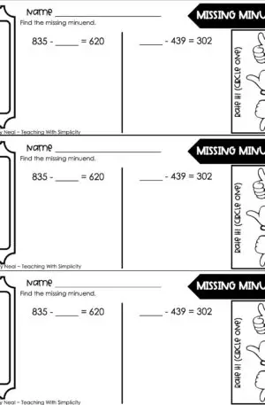 3rd Grade Subtraction - Missing Minuend Exit Ticket 2