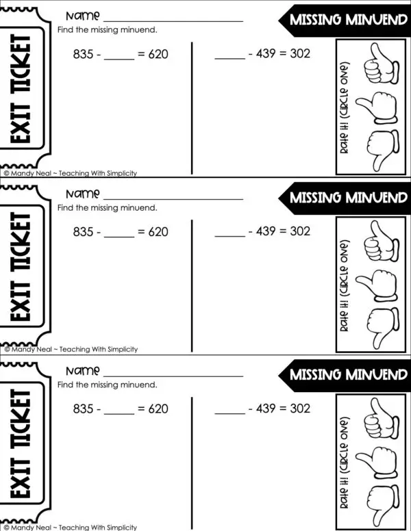 3rd Grade Subtraction - Missing Minuend Exit Ticket 2