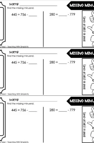 3rd Grade Subtraction - Missing Minuend Exit Ticket 3